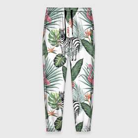 Мужские брюки 3D с принтом Саванна , 100% полиэстер | манжеты по низу, эластичный пояс регулируется шнурком, по бокам два кармана без застежек, внутренняя часть кармана из мелкой сетки | африка | белый | зверь | зебра | растения | розовый | фламинго