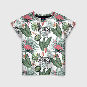 Детская футболка 3D с принтом Саванна , 100% гипоаллергенный полиэфир | прямой крой, круглый вырез горловины, длина до линии бедер, чуть спущенное плечо, ткань немного тянется | африка | белый | зверь | зебра | растения | розовый | фламинго