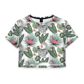 Женская футболка 3D укороченная с принтом Саванна , 100% полиэстер | круглая горловина, длина футболки до линии талии, рукава с отворотами | африка | белый | зверь | зебра | растения | розовый | фламинго