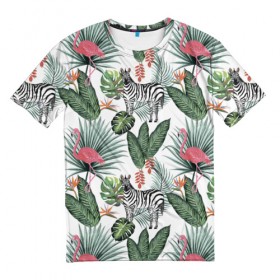 Мужская футболка 3D с принтом Саванна , 100% полиэфир | прямой крой, круглый вырез горловины, длина до линии бедер | африка | белый | зверь | зебра | растения | розовый | фламинго