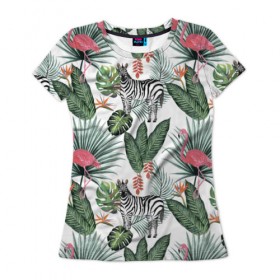 Женская футболка 3D с принтом Саванна , 100% полиэфир ( синтетическое хлопкоподобное полотно) | прямой крой, круглый вырез горловины, длина до линии бедер | африка | белый | зверь | зебра | растения | розовый | фламинго