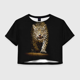 Женская футболка 3D укороченная с принтом Leopard , 100% полиэстер | круглая горловина, длина футболки до линии талии, рукава с отворотами | дикая кошка | зверь | клыки | кот | леопард | оскал | пантера | природа | хищник | ягуар