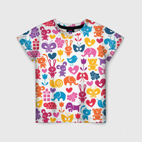 Детская футболка 3D с принтом Веселый зоопарк , 100% гипоаллергенный полиэфир | прямой крой, круглый вырез горловины, длина до линии бедер, чуть спущенное плечо, ткань немного тянется | бабочка | заяц | кролик | слон | цветы | черепаxа