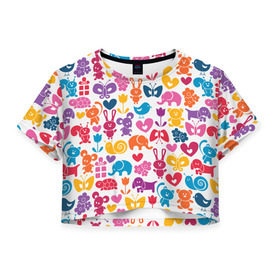 Женская футболка 3D укороченная с принтом Веселый зоопарк , 100% полиэстер | круглая горловина, длина футболки до линии талии, рукава с отворотами | бабочка | заяц | кролик | слон | цветы | черепаxа