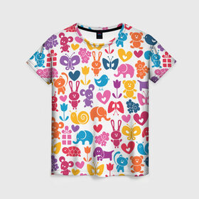 Женская футболка 3D с принтом Веселый зоопарк , 100% полиэфир ( синтетическое хлопкоподобное полотно) | прямой крой, круглый вырез горловины, длина до линии бедер | бабочка | заяц | кролик | слон | цветы | черепаxа