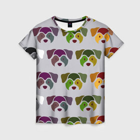 Женская футболка 3D с принтом Цветные песики , 100% полиэфир ( синтетическое хлопкоподобное полотно) | прямой крой, круглый вырез горловины, длина до линии бедер | голова | лицо | пес | собака | щенок | яркие