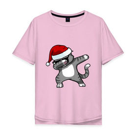 Мужская футболка хлопок Oversize с принтом DAB Cat Santa , 100% хлопок | свободный крой, круглый ворот, “спинка” длиннее передней части | Тематика изображения на принте: даб | кот | новогодний | рождество | шапка