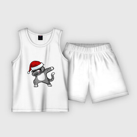 Детская пижама с шортами хлопок с принтом DAB Cat Santa ,  |  | Тематика изображения на принте: даб | кот | новогодний | рождество | шапка