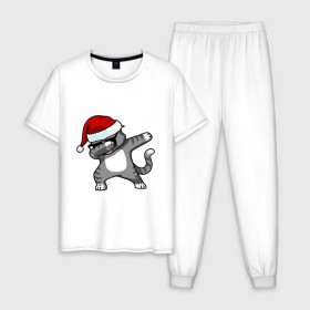 Мужская пижама хлопок с принтом DAB Cat Santa , 100% хлопок | брюки и футболка прямого кроя, без карманов, на брюках мягкая резинка на поясе и по низу штанин
 | Тематика изображения на принте: даб | кот | новогодний | рождество | шапка