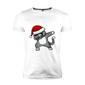 Мужская футболка премиум с принтом DAB Cat Santa , 92% хлопок, 8% лайкра | приталенный силуэт, круглый вырез ворота, длина до линии бедра, короткий рукав | даб | кот | новогодний | рождество | шапка
