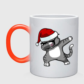 Кружка хамелеон с принтом DAB Cat Santa , керамика | меняет цвет при нагревании, емкость 330 мл | Тематика изображения на принте: даб | кот | новогодний | рождество | шапка