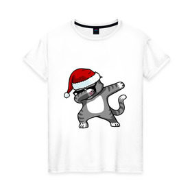 Женская футболка хлопок с принтом DAB Cat Santa , 100% хлопок | прямой крой, круглый вырез горловины, длина до линии бедер, слегка спущенное плечо | Тематика изображения на принте: даб | кот | новогодний | рождество | шапка