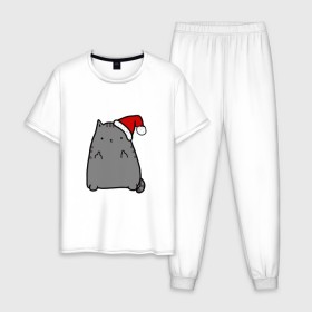 Мужская пижама хлопок с принтом New Year Cat , 100% хлопок | брюки и футболка прямого кроя, без карманов, на брюках мягкая резинка на поясе и по низу штанин
 | кот | новогодний | рождество | шапка