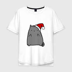 Мужская футболка хлопок Oversize с принтом New Year Cat , 100% хлопок | свободный крой, круглый ворот, “спинка” длиннее передней части | Тематика изображения на принте: кот | новогодний | рождество | шапка