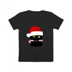 Детская футболка хлопок с принтом кот новый год , 100% хлопок | круглый вырез горловины, полуприлегающий силуэт, длина до линии бедер | дед мороз | ёлка | котэ | леденец | новый год | россия