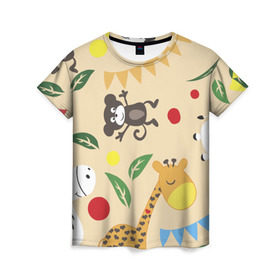 Женская футболка 3D с принтом Веселый зоопарк , 100% полиэфир ( синтетическое хлопкоподобное полотно) | прямой крой, круглый вырез горловины, длина до линии бедер | жираф | лошадь | мартышка | пони