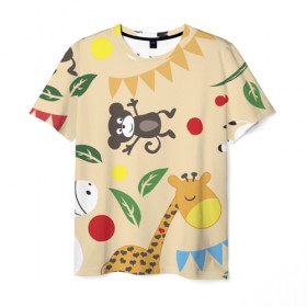 Мужская футболка 3D с принтом Веселый зоопарк , 100% полиэфир | прямой крой, круглый вырез горловины, длина до линии бедер | Тематика изображения на принте: жираф | лошадь | мартышка | пони