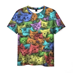 Мужская футболка 3D с принтом Разноцветные коты , 100% полиэфир | прямой крой, круглый вырез горловины, длина до линии бедер | котенок | котик | котята | кошка | кошки | паттерн
