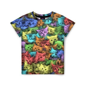 Детская футболка 3D с принтом Разноцветные коты , 100% гипоаллергенный полиэфир | прямой крой, круглый вырез горловины, длина до линии бедер, чуть спущенное плечо, ткань немного тянется | Тематика изображения на принте: котенок | котик | котята | кошка | кошки | паттерн