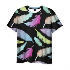 Мужская футболка 3D с принтом Радужные перья , 100% полиэфир | прямой крой, круглый вырез горловины, длина до линии бедер | арт | белый | мульт | новинки | прикольный | птица | рисунок | сова | филин | черный