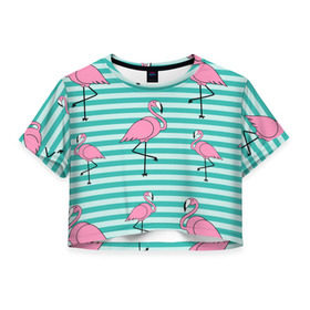 Женская футболка 3D укороченная с принтом Фламинго , 100% полиэстер | круглая горловина, длина футболки до линии талии, рукава с отворотами | арт | белый | дикий | мульт | птица | рисунок | фламинго | черный