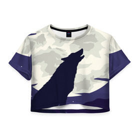 Женская футболка 3D укороченная с принтом Ночной житель , 100% полиэстер | круглая горловина, длина футболки до линии талии, рукава с отворотами | волк | дикая | дикий | животное | лес | луна | ночь | собака | тьма