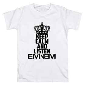 Мужская футболка хлопок с принтом Keep calm and listen Eminem , 100% хлопок | прямой крой, круглый вырез горловины, длина до линии бедер, слегка спущенное плечо. | Тематика изображения на принте: eminem | hip hop | hiphop | mc | rap | брюс | еменем | еминем | маршалл | мс | мэтерс | реп | репер | рэп | рэпер | хип | хипхоп | хоп | эменем | эминем