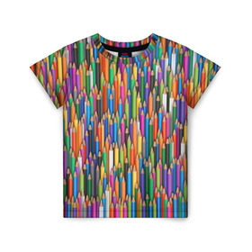 Детская футболка 3D с принтом Разноцветные карандаши , 100% гипоаллергенный полиэфир | прямой крой, круглый вырез горловины, длина до линии бедер, чуть спущенное плечо, ткань немного тянется | дизайнер | карандаш | палитра | паттерн | радуга | рисование | рисунок | художник | цвет | цветной | школа