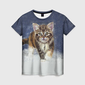 Женская футболка 3D с принтом Зимний котик , 100% полиэфир ( синтетическое хлопкоподобное полотно) | прямой крой, круглый вырез горловины, длина до линии бедер | зима | кот | котенок | кошка | новый год | снег | снежинка | снежок