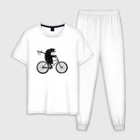 Мужская пижама хлопок с принтом Ежик на велосипеде , 100% хлопок | брюки и футболка прямого кроя, без карманов, на брюках мягкая резинка на поясе и по низу штанин
 | велосипед | ежик
