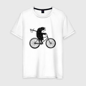 Мужская футболка хлопок с принтом Ежик на велосипеде , 100% хлопок | прямой крой, круглый вырез горловины, длина до линии бедер, слегка спущенное плечо. | Тематика изображения на принте: велосипед | ежик