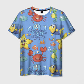Мужская футболка 3D с принтом Морское приключения , 100% полиэфир | прямой крой, круглый вырез горловины, длина до линии бедер | конек | краб | рак | рыба
