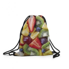 Рюкзак-мешок 3D с принтом Фруктовое ассорти , 100% полиэстер | плотность ткани — 200 г/м2, размер — 35 х 45 см; лямки — толстые шнурки, застежка на шнуровке, без карманов и подкладки | витамины | еда | клубника | лимон | малина | овощи | фрукты | цвета | яблоко | яркие