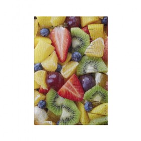 Обложка для паспорта матовая кожа с принтом Фруктовое ассорти , натуральная матовая кожа | размер 19,3 х 13,7 см; прозрачные пластиковые крепления | витамины | еда | клубника | лимон | малина | овощи | фрукты | цвета | яблоко | яркие
