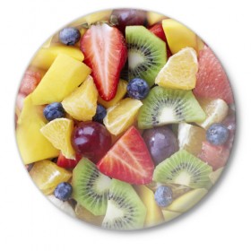 Значок с принтом Фруктовое ассорти ,  металл | круглая форма, металлическая застежка в виде булавки | витамины | еда | клубника | лимон | малина | овощи | фрукты | цвета | яблоко | яркие
