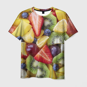 Мужская футболка 3D с принтом Фруктовое ассорти , 100% полиэфир | прямой крой, круглый вырез горловины, длина до линии бедер | витамины | еда | клубника | лимон | малина | овощи | фрукты | цвета | яблоко | яркие