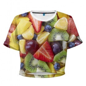 Женская футболка 3D укороченная с принтом Фруктовое ассорти , 100% полиэстер | круглая горловина, длина футболки до линии талии, рукава с отворотами | витамины | еда | клубника | лимон | малина | овощи | фрукты | цвета | яблоко | яркие