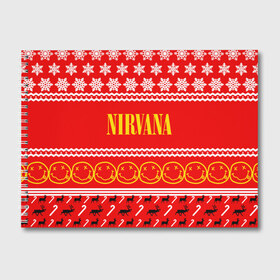Альбом для рисования с принтом Праздничный Nirvana , 100% бумага
 | матовая бумага, плотность 200 мг. | cobain | kurt | nirvana | альтернативный | гранж | группа | дональд | знак | кобейн | красный | курт | музыка | музыкант | надпись | нервана | нирвана | новогодний | новоселич | новый год | певец | праздник
