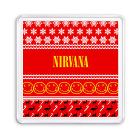 Магнит 55*55 с принтом Праздничный Nirvana , Пластик | Размер: 65*65 мм; Размер печати: 55*55 мм | Тематика изображения на принте: cobain | kurt | nirvana | альтернативный | гранж | группа | дональд | знак | кобейн | красный | курт | музыка | музыкант | надпись | нервана | нирвана | новогодний | новоселич | новый год | певец | праздник