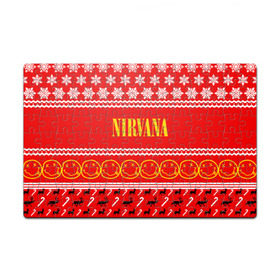 Пазл магнитный 126 элементов с принтом Праздничный Nirvana , полимерный материал с магнитным слоем | 126 деталей, размер изделия —  180*270 мм | Тематика изображения на принте: cobain | kurt | nirvana | альтернативный | гранж | группа | дональд | знак | кобейн | красный | курт | музыка | музыкант | надпись | нервана | нирвана | новогодний | новоселич | новый год | певец | праздник