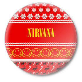 Значок с принтом Праздничный Nirvana ,  металл | круглая форма, металлическая застежка в виде булавки | cobain | kurt | nirvana | альтернативный | гранж | группа | дональд | знак | кобейн | красный | курт | музыка | музыкант | надпись | нервана | нирвана | новогодний | новоселич | новый год | певец | праздник