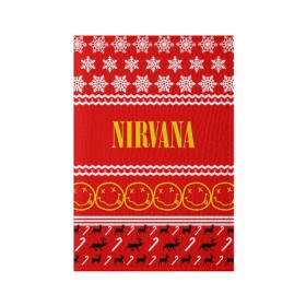 Обложка для паспорта матовая кожа с принтом Праздничный Nirvana , натуральная матовая кожа | размер 19,3 х 13,7 см; прозрачные пластиковые крепления | Тематика изображения на принте: cobain | kurt | nirvana | альтернативный | гранж | группа | дональд | знак | кобейн | красный | курт | музыка | музыкант | надпись | нервана | нирвана | новогодний | новоселич | новый год | певец | праздник