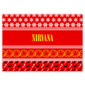 Поздравительная открытка с принтом Праздничный Nirvana , 100% бумага | плотность бумаги 280 г/м2, матовая, на обратной стороне линовка и место для марки
 | cobain | kurt | nirvana | альтернативный | гранж | группа | дональд | знак | кобейн | красный | курт | музыка | музыкант | надпись | нервана | нирвана | новогодний | новоселич | новый год | певец | праздник
