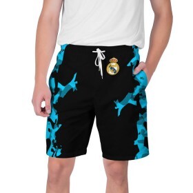 Мужские шорты 3D с принтом Real Madrid 2018 Original ,  полиэстер 100% | прямой крой, два кармана без застежек по бокам. Мягкая трикотажная резинка на поясе, внутри которой широкие завязки. Длина чуть выше колен | emirates | fc | real madrid | абстракция | реал мадрид | футбольный клуб | эмблема