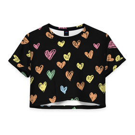 Женская футболка 3D укороченная с принтом Разноцветные сердечки , 100% полиэстер | круглая горловина, длина футболки до линии талии, рукава с отворотами | 14 | love | валентин | губы | день | любовь | подарок | поцелуй | сердце | страсть | февраль