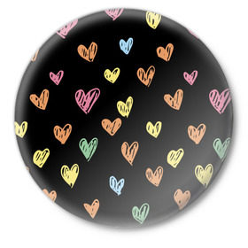 Значок с принтом Разноцветные сердечки ,  металл | круглая форма, металлическая застежка в виде булавки | 14 | love | валентин | губы | день | любовь | подарок | поцелуй | сердце | страсть | февраль
