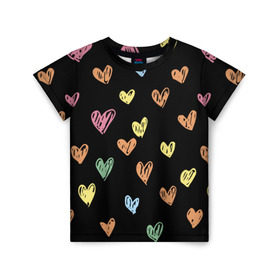 Детская футболка 3D с принтом Разноцветные сердечки , 100% гипоаллергенный полиэфир | прямой крой, круглый вырез горловины, длина до линии бедер, чуть спущенное плечо, ткань немного тянется | 14 | love | валентин | губы | день | любовь | подарок | поцелуй | сердце | страсть | февраль