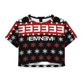 Женская футболка 3D укороченная с принтом Праздничный Eminem , 100% полиэстер | круглая горловина, длина футболки до линии талии, рукава с отворотами | hip hop | hiphop | mc | rap | брюс | еменем | еминем | зачитал | знак | красный | маршалл | мс | мэтерс | надпись | новогодний | новый год | праздник | реп | репер | речитатив | рождество | рэп | рэпер | снежинки | хип