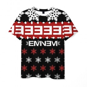 Мужская футболка 3D с принтом Праздничный Eminem , 100% полиэфир | прямой крой, круглый вырез горловины, длина до линии бедер | hip hop | hiphop | mc | rap | брюс | еменем | еминем | зачитал | знак | красный | маршалл | мс | мэтерс | надпись | новогодний | новый год | праздник | реп | репер | речитатив | рождество | рэп | рэпер | снежинки | хип