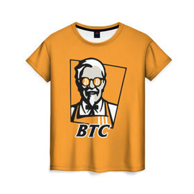 Женская футболка 3D с принтом BITCOIN в стиле KFC , 100% полиэфир ( синтетическое хлопкоподобное полотно) | прямой крой, круглый вырез горловины, длина до линии бедер | bitcoin | btc | crypto | kfc | биткоин | валюта | деньги | криптовалюта | цифровое золото